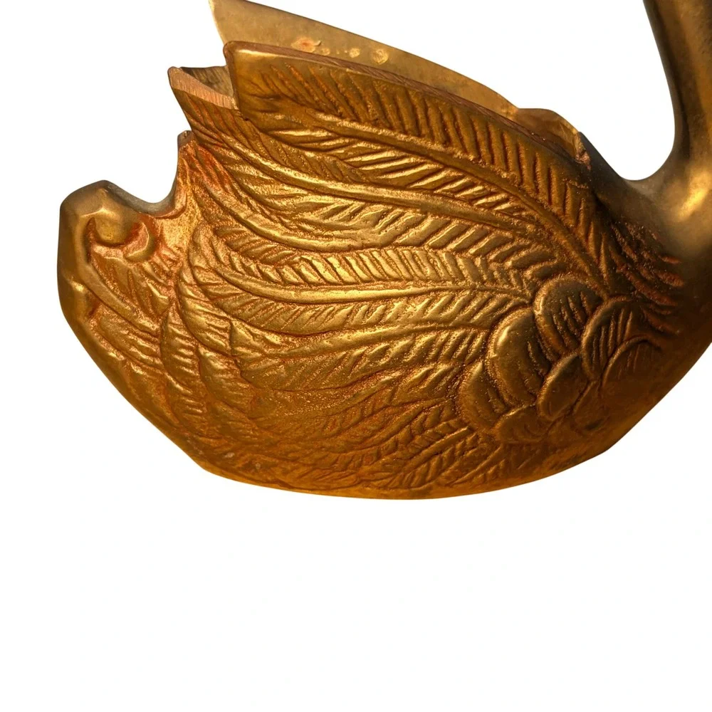 Vintage Brass Swan Planter Deep Catchall Feather Details MCM Decor 6